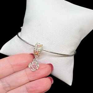 Silver plated bangle bracelet pink rhinestones charm